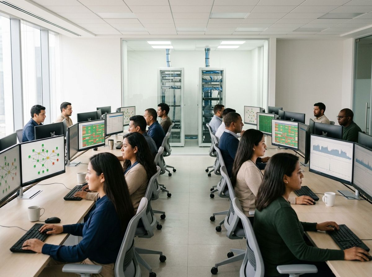 Equipo de operaciones de Lynxsource en su piso técnico: dos hileras de puestos con monitores mostrando mapas de red y tableros de estado, y al fondo el cuarto de equipos acristalado.