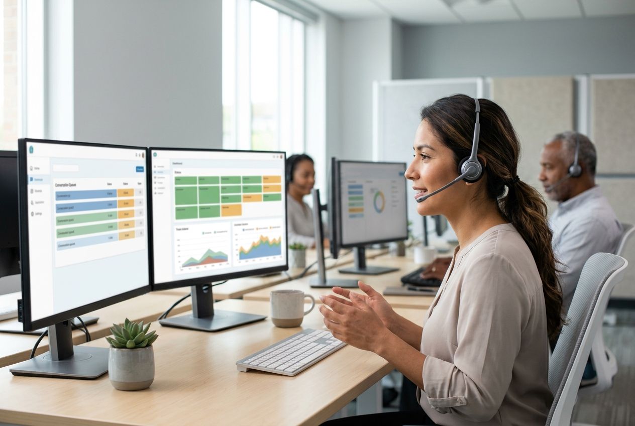 Agente de contact center con auricular de diadema atendiendo una conversación frente a dos pantallas con tableros de estado, en una oficina luminosa.