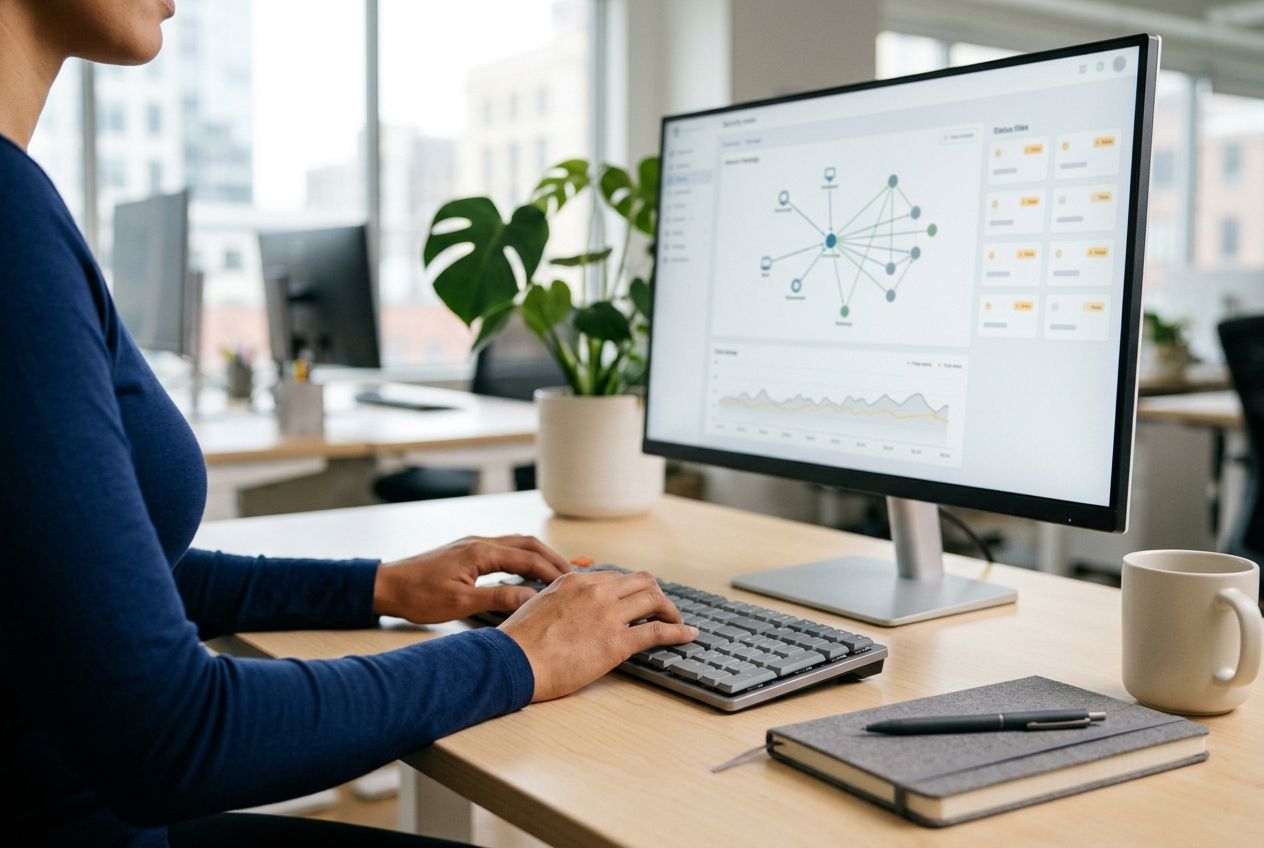 Manos de una analista de seguridad sobre el teclado, frente a un monitor con un mapa de topología de red y una serie temporal sobre fondo claro.