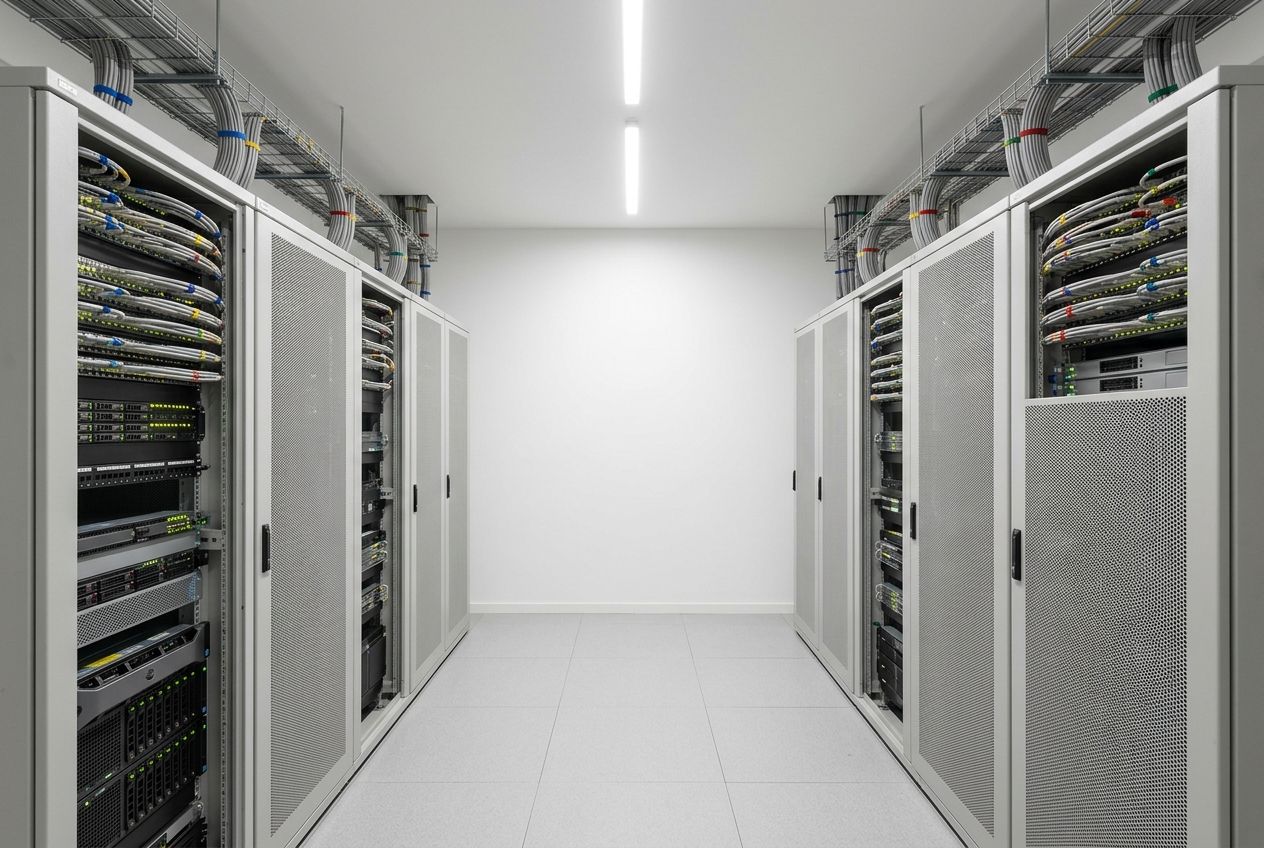 Sala de equipos vacía con seis racks de metal claro a ambos lados de un pasillo corto, cableado peinado en las bandejas superiores y suelo técnico impecable.