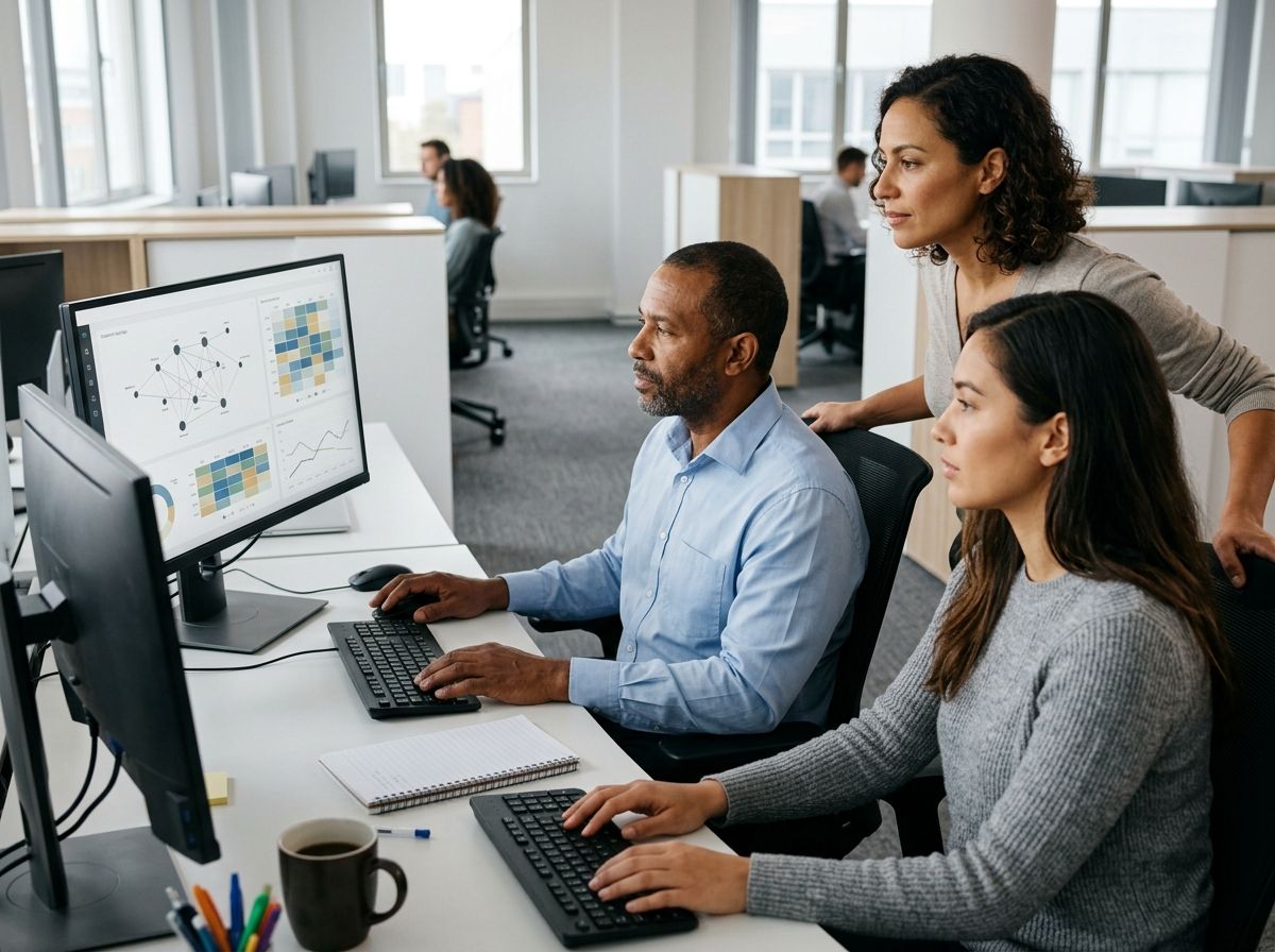 Tres analistas del SOC de Lynxsource mirando juntos el mismo monitor, con tableros de topología de red y series temporales en pantalla.